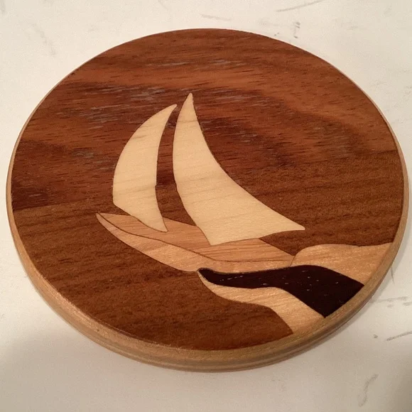Wood Inlaid 4 Coasters Sailboat and Mountain Sunset - Picture 5 of 7